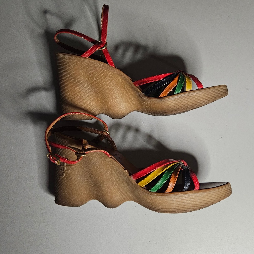 Famolare Hi-Up Vintage Wedge Sandals Multi-Color Strappy Leather Italy Womens 8M